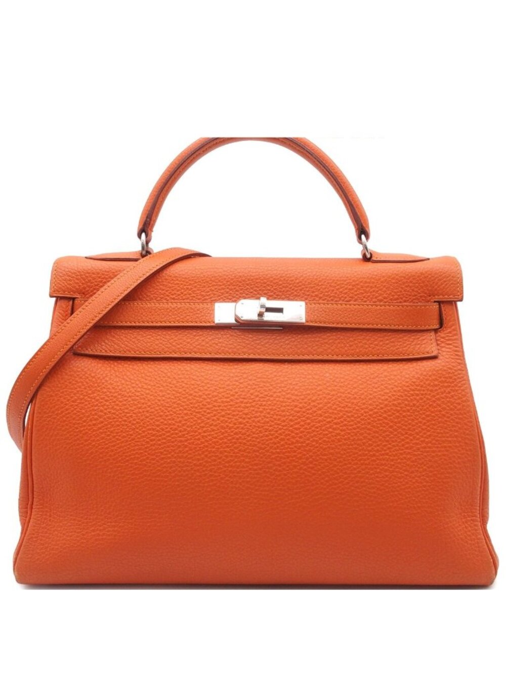 Hermes Kelly 32 Orange Silver Togo Retourne 2-Way Shoulder Bag